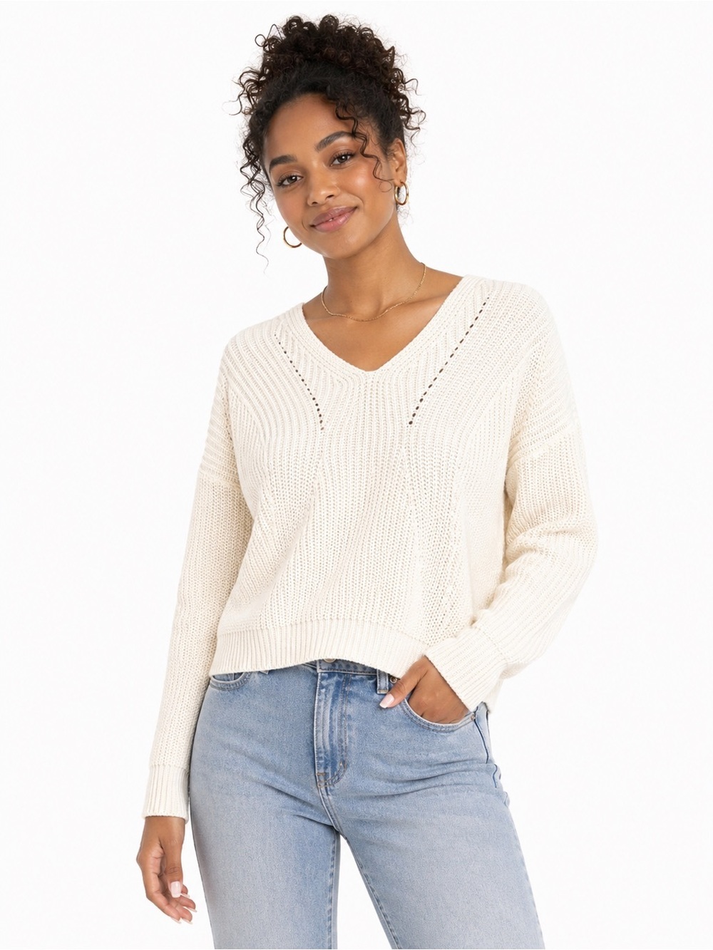 Elegant White V-Neck Sweater for Women - Picture 1 of 5